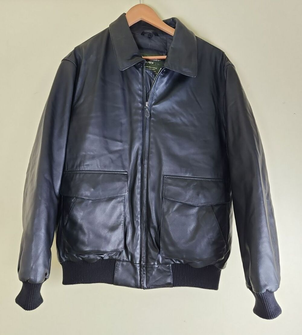 Eddie Bauer Down Filled Black Leather Coat, Men's Large Bomber Jacket Size Large